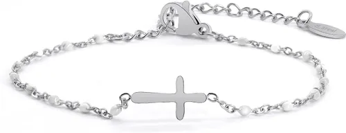 Miniatura 10 de Pulsera de Cuentas con Cruz Chapada en Oro de 14K para Mujeres, Pulsera de Acero Inoxidable Ajustable con Cruz de Fe Religiosa, Pulsera de Cadena