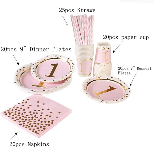 Miniatura 3 de MaitianGuyou Kit de 100 piezas de suministros para primera fiesta, juego de platos para fiesta de cumpleaños, platos de papel de 9 y 7 pulgadas