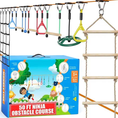 Miniatura 9 de Hyponix - Carrera de obstáculos Ninja Warrior para niños, línea floja de 2 x 50 pies con 10 obstáculos ninja al aire libre, soporta 880 libras - Red