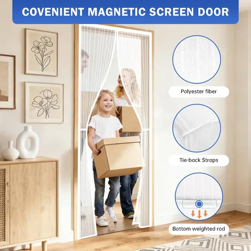 Miniatura 5 de Pantalla magnética para puerta de 32 x 80 pulgadas, tamaño de la pantalla 34 x 81 pulgadas, manos libres autosellante, marco completo de cinta