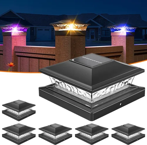 Miniatura 7 de APONUO - Luces solares para punta de poste con 8 colores RGB sólidos y flujo multicolor - Paquete de 4 luces solares para postes de 6x6, IP65