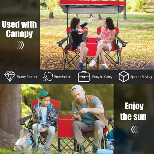 Miniatura 6 de GYMAX Silla de campamento doble, silla de playa con toldo y protección UV ajustable, refrigeradora, portavasos y bolsa de transporte, silla plegable