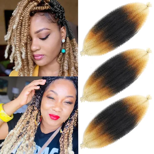 Miniatura 47 de Cabello afro trenzado elástico color marrón claro de 16 pulgadas, paquete de 3 T27, cabello afro preesponjado y trenzado elástico, cabello afro