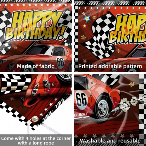 Miniatura 7 de Telón de fondo de feliz cumpleaños de 7 x 5 pies, cartel de fiesta de coche de carreras, pista de carreras, fondo de fotos a cuadros negros
