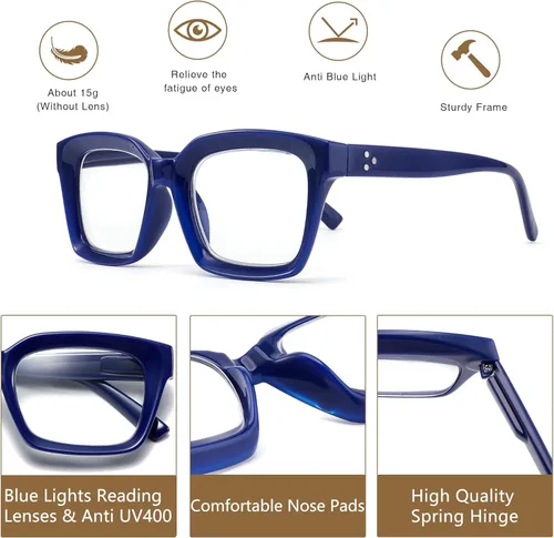 Miniatura 5 de Lentes de lectura cuadrados de estilo moderno con bisagra de resorte, bloqueo de luz azul para hombres y mujeres