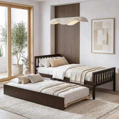 Miniatura 5 de VECELO Twin Size Platform Bed with Trundle, Solid Wood Twin Bed Frame with Slat Support, 400lbs+200lbs Weight Capacity, No Box Spring Needed