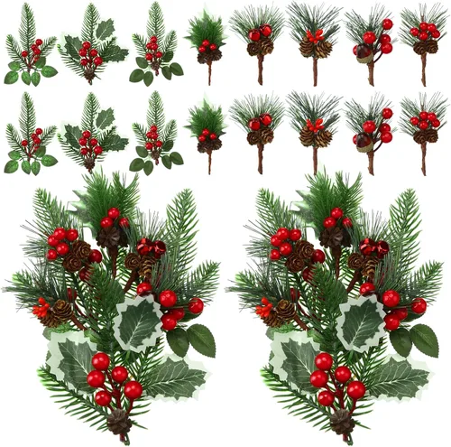 Miniatura 10 de 48 piezas de púas y aerosoles de Navidad, púas florales de árbol de Navidad, púas de acebo, tallos de bayas rojas, spray de vegetación para Bonito