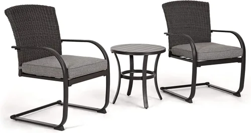 Grand patio Juego de mesa de mimbre de 3 piezas, juego de mesa de mimbre para exteriores, sillas mecedoras de mimbre con cojines extraíbles y mesa