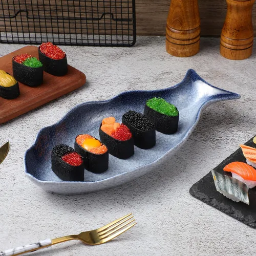 Miniatura 9 de Cabilock Plato de cerámica con forma de pescado de 12 pulgadas, plato de pescado al vapor de porcelana azul, plato profundo de mariscos para sushi