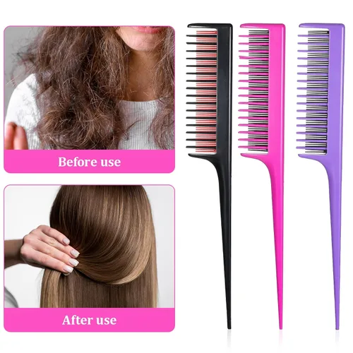 Miniatura 3 de Paquete de 3 peines profesionales para burlas, peine triple burla, herramienta de cola de rata, peines de corte de cabello, profesional, añade