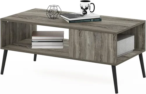Furinno Claude - Mesa de centro estilo mediados de siglo con patas de madera, color gris roble francés, parte superior grande sin elevación