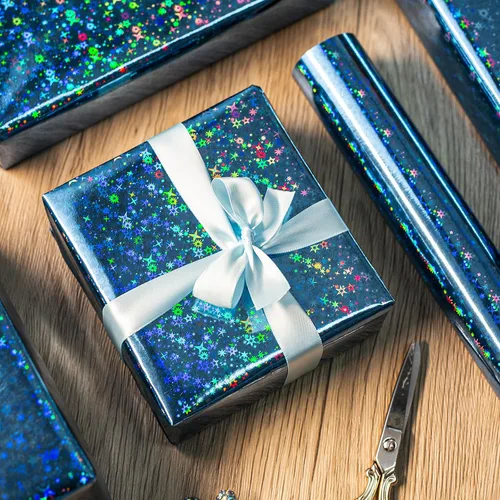 Miniatura 7 de Merture - Rollo de papel de regalo holográfico azul, papel de regalo azul con diseño de galaxia brillante para cumpleaños, baby shower, Navidad, día