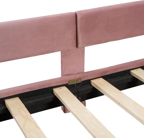 Miniatura 5 de Linique Base de cama tapizada de terciopelo de tamaño individual con ribete de clavos y cabecera en forma de rayas, cama clásica sin necesidad