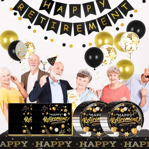 Miniatura 6 de 40 piezas de suministros para fiestas de jubilación, incluyen 20 platos negros y dorados, 20 servilletas, utilizados para decoración de fiesta