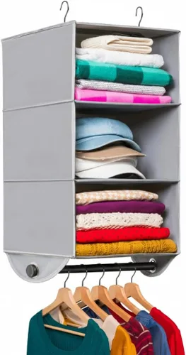 HOLDN' STORAGE Organizador colgante de armario con barra de ropa, estantes colgantes de 3 estantes resistentes para ropa, suéteres y zapatos, unidad