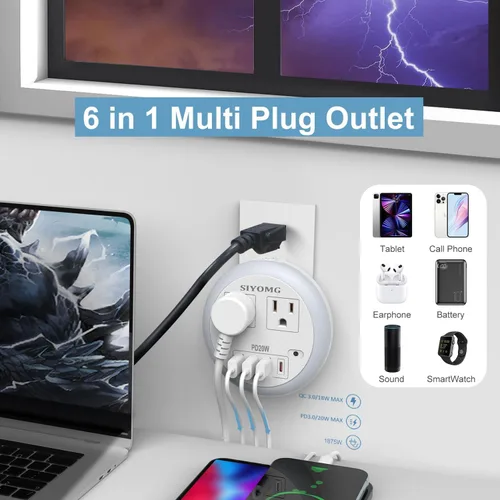 Miniatura 5 de Luces LED nocturnas enchufables a la pared, luz nocturna enchufable con 4 puertos USB y 2 tomacorrientes, sensor inteligente de atardecer a