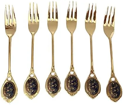 Colección de cubiertos de postre de acero inoxidable chapado en oro de 24 quilates, 6 tenedores, mango de color azul con imagen de figuras antiguas