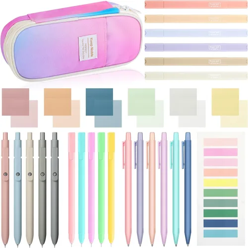 Miniatura 11 de 30 piezas de suministros escolares estéticos con estuche, 6 lápices mecánicos, 5 bolígrafos, 5 bolígrafos de secado rápido, 6 resaltadores pastel