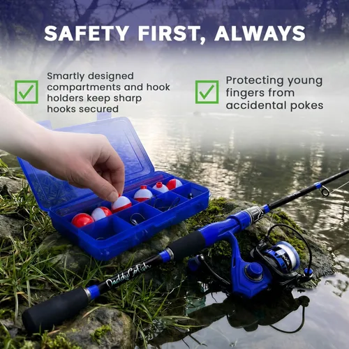 Miniatura 5 de DaddyGoFish Juego combinado de caña de pescar y carrete giratorio con caja de aparejos Caña de pescar para niños Kit de caña de pescar Azul