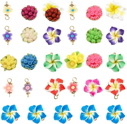 Miniatura 7 de SUNNYCLUE 100 cuentas de plumeria de arcilla polimérica a granel, flores de plumerias hawaianas hechas a mano de 0.472 x 0.315 in, abalorios 100