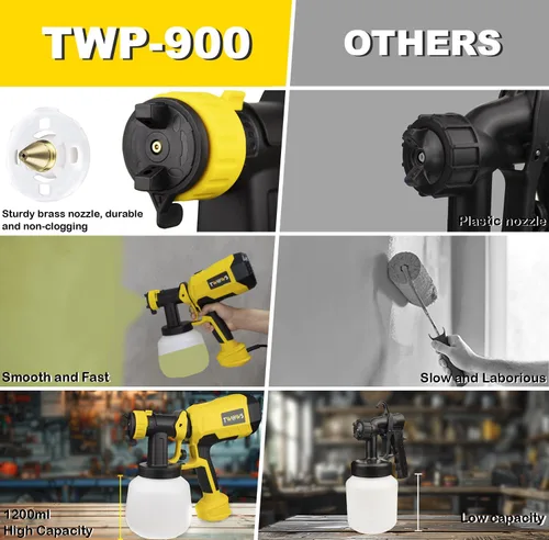 Miniatura 3 de TWOWS, Pulverizador de pintura, 600 W, pistola de pintura HVLP, con contenedor de 40.6 fl oz, taza de limpieza y viscosidad, 4 boquillas de cobre