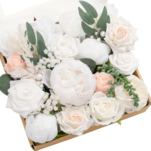 Miniatura 22 de Ling's moment Caja de Flores Falsas, Tallos de Vegetación Artificial Falsa Rosas de Espuma Dalias de Seda Hojas de Rosa Flor de Tela para Centros