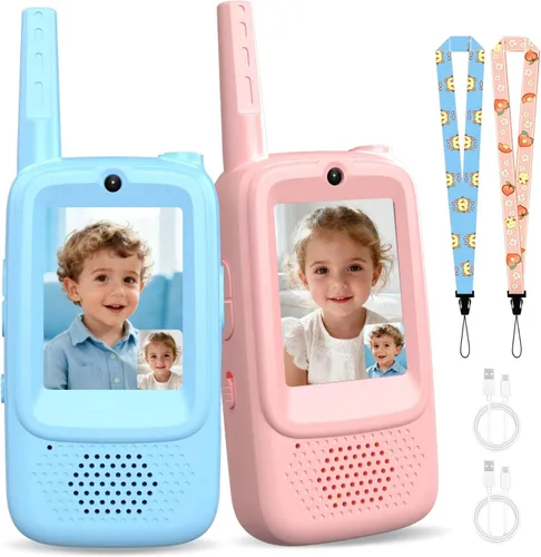 Walkie Talkies de video para niños, paquete de 2 Walkies talkies recargables para niños, juguetes para interiores y exteriores, para campamento,