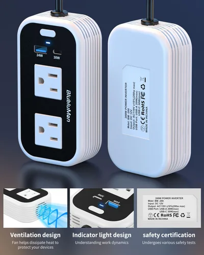 Miniatura 8 de Inversor de corriente para auto de 200 W, Blubluman CC 12 V a 110 V CA, adaptador de toma de enchufe para automóvil con cargador PD de 30 W