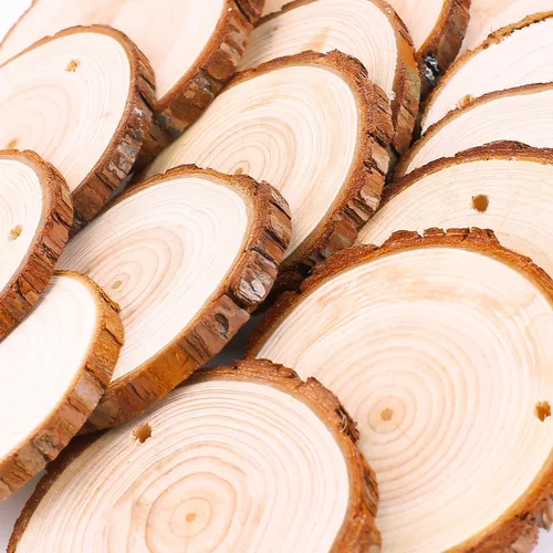 Miniatura 4 de Fuyit Juego de 25 rebanadas de madera natural de 3.1 a 3.5 pulgadas, sin acabar, preperforadas con agujero, círculos de madera, rebanadas de árbol