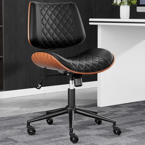 Miniatura 10 de Home Office Desk Chair with Swivel Wheels, Mid-Century Modern PU Leather Armless Office Chair, Small Mid Back Computer Chair for Home Office