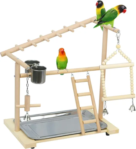Parrot Playstand Bird Playground Birdcage Soporte de madera Perca Escalera con comedero Tazas para Aves Juega Gimnasio Cockatiel Playground Incluye
