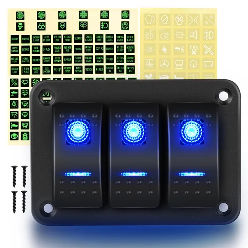 Miniatura 10 de GOOACC Panel de interruptores basculantes de 2 cuadras, 12 V, 24 V CC, color azul, panel de aluminio de 5 pines, encendido y apagado, panel