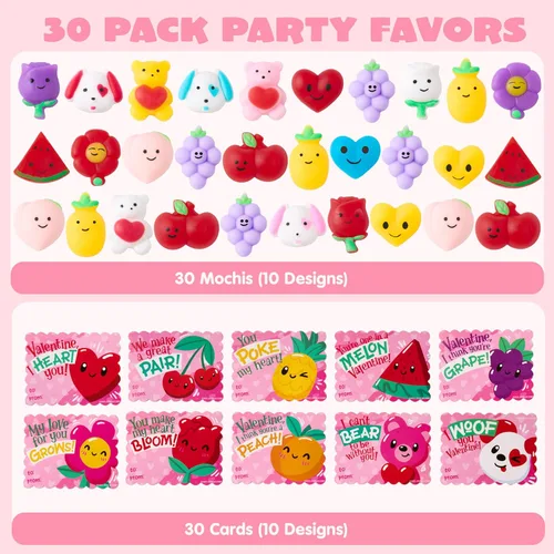 Miniatura 4 de JOYIN Paquete de 30 tarjetas de regalo para el día de San Valentín con juguetes esponjosos Mochi de frutas, juguetes para aliviar el estrés, juguete