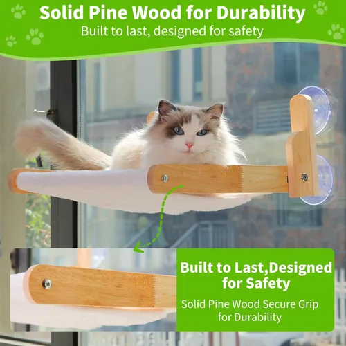 Miniatura 2 de Percha de Ventana para Gatos con Marco de Madera – Cama Hamaca Plegable para Gatos Aloxina para Gatos de Interior, Cubierta de Piel de Conejo Suave
