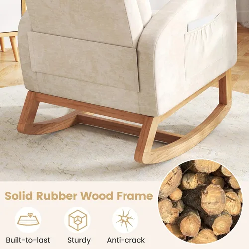Miniatura 7 de Giantex Mecedora para guardería, silla mecedora tapizada de felpilla con bolsillo lateral, marco de madera de goma natural, respaldo alto, sillón