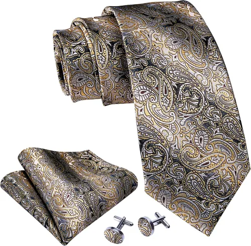 Miniatura 3 de Barry.Wang Conjunto de corbata de seda para hombre, diseño abstracto, corbata, bolsillo, cuadrado, gemelos, boda, fiesta, formal