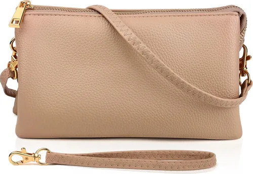 Miniatura 13 de Humble Chic bolsa pequeña de piel vegana, para usar cruzada o cartera con ajuste de pulsera, incluye hombro ajustable y correa para muñeca. Oro