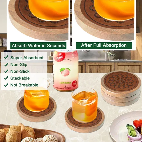 Miniatura 2 de Posavasos de madera para bebidas, juego de 5 posavasos absorbentes, posavasos para bebidas para protección de mesa de café, antideslizantes