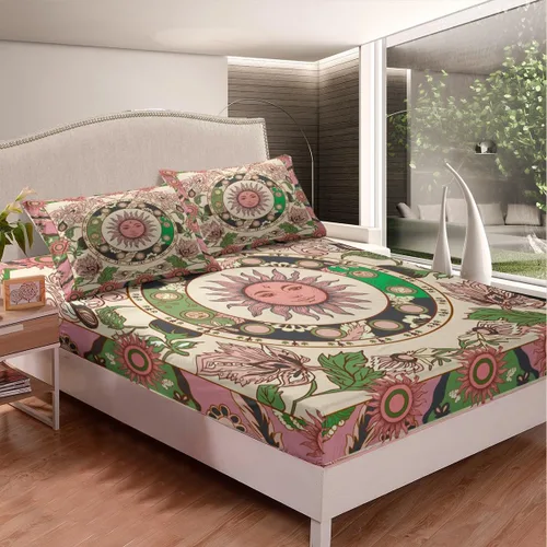 Miniatura 2 de Juego de sábanas de sol vintage con bolsillo profundo, sábana bajera ajustable para niños, diseño floral botánico, juego de ropa de cama