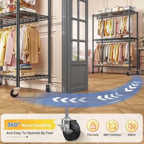 Miniatura 5 de Raybee Perchero de ropa de 45 pulgadas de ancho para colgar ropa, perchero con ruedas y pies ajustables, carga máxima de 440 libras, color negro