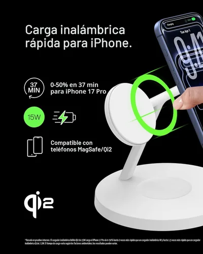 Miniatura 3 de Cargador compatible con Belkin MagSafe, estación de carga inalámbrica 3 en 1, carga inalámbrica certificada Qi2 de 15 W para Apple iPhone serie 17
