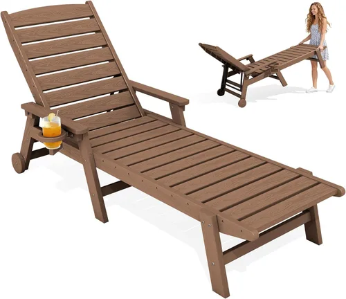 Miniatura 11 de KINGYES Sillón de polietileno de alta densidad para exteriores, tumbona reclinable para patio con portavasos para todo tipo de clima, tumbona