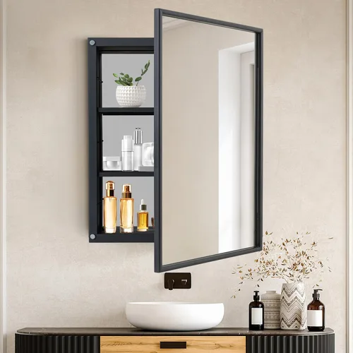 Miniatura 12 de Botiquín de baño negro con espejo de 16 x 24 pulgadas, marco de metal, empotrado o montado en la pared, gabinetes de medicina de una sola puerta