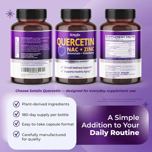 Miniatura 9 de Suplemento de quercetina Sotalix, 98% de quercetina con bromelina, zinc, vitamina D3 y saúco, apoyo inmunológico, respiratorio y cardiovascular*