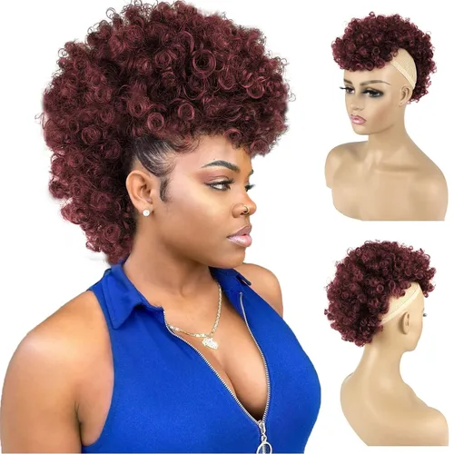 Miniatura 8 de UA Jerry Curls Mohawk - Cola de caballo sin cordón con flequillo, sintético, corto, afro, rizado, 6 clips BB (2#, negro natural)