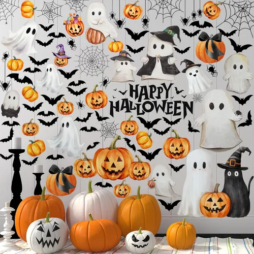 Miniatura 13 de Haull 6 hojas de calcomanías de pared de Halloween, calcomanías de pared reutilizables para ventana de Halloween, acuarela, bruja, murciélagos