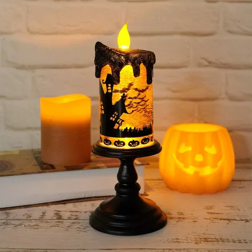 Miniatura 3 de Vela sin llama de Halloween, globo de nieve, funciona con pilas con temporizador de 6 horas, calcomanía de murciélago de luz amarilla, lámpara