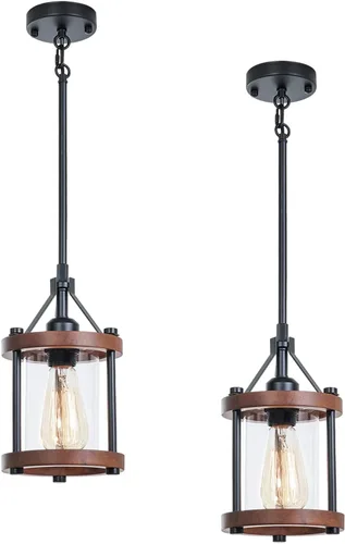 Miniatura 10 de Lámpara Colgante de Granja, Accesorios de Luz Colgante de Madera Blanca Rústica y Jaula de Metal con Vidrio, 43 Pulgadas Ajustable para Techo Plano