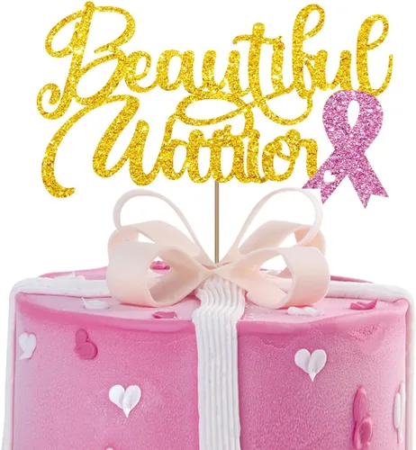 Hermoso adorno para tartas de guerrero, decoración de pastel de conciencia sobre el cáncer de mama, letrero de cinta rosa para cáncer de mama,