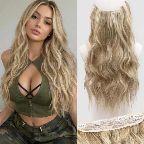 Miniatura 57 de Extensiones de cabello con halo de 12 pulgadas con alambre invisible, cabello largo ondulado ajustable, sintético, mejora con 4 clips de seguridad